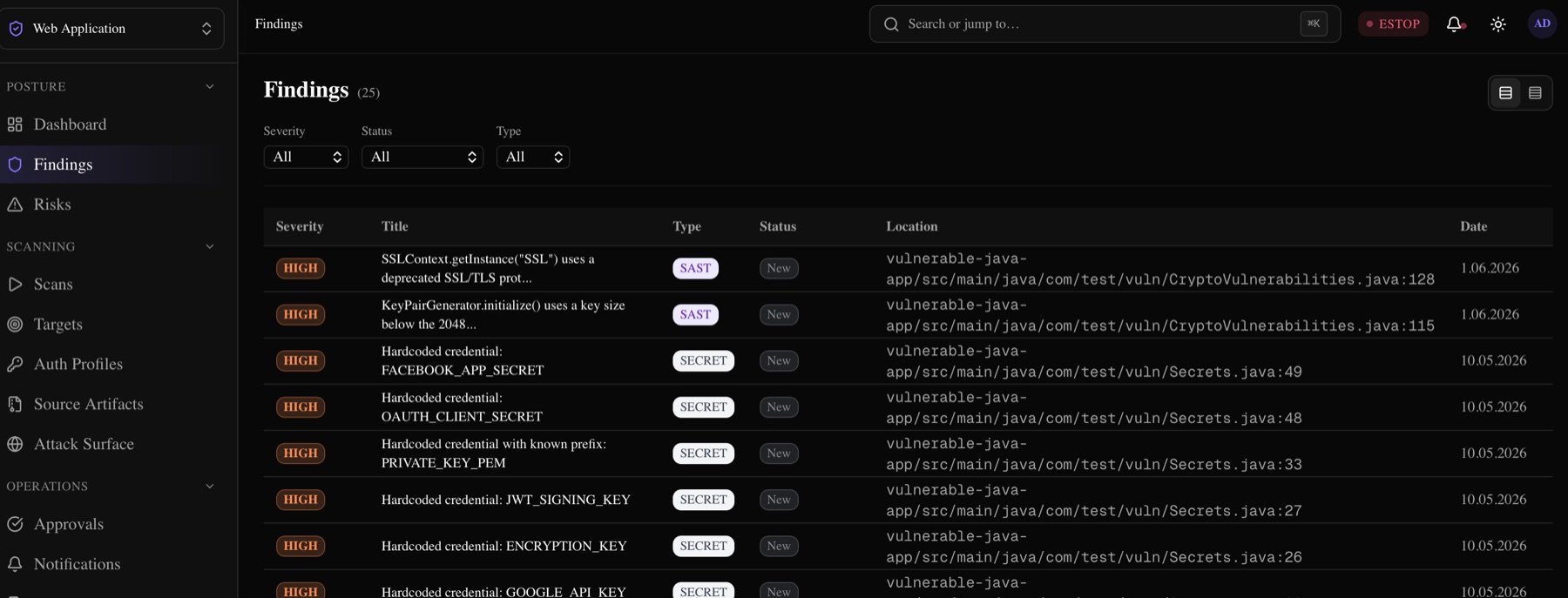 SentinelCore findings list showing SAST and hardcoded-secret findings, each located to a file and line number